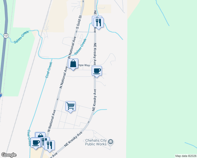 map of restaurants, bars, coffee shops, grocery stores, and more near 2391 Northeast Kresky Avenue in Chehalis