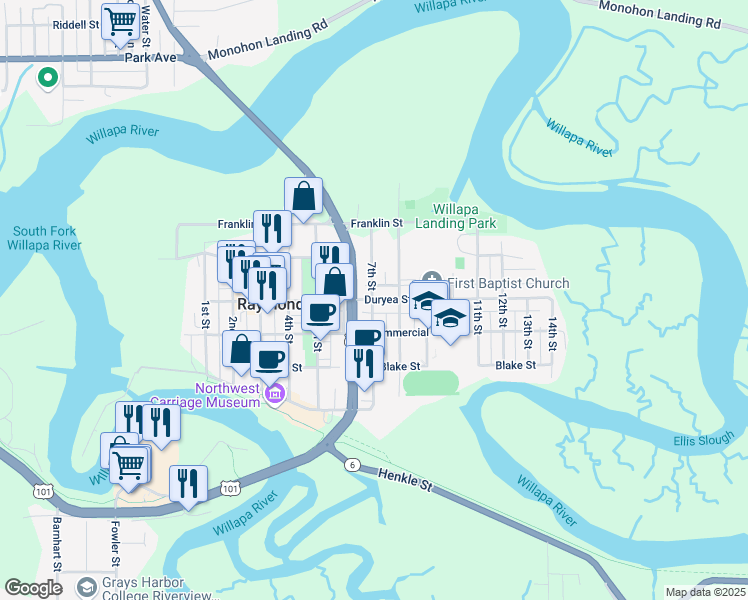 map of restaurants, bars, coffee shops, grocery stores, and more near 318 7th Street in Raymond