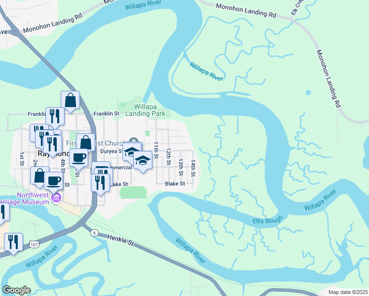 map of restaurants, bars, coffee shops, grocery stores, and more near 1304 Tower Avenue in Raymond