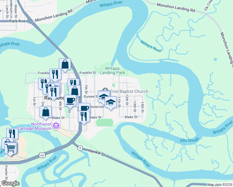 map of restaurants, bars, coffee shops, grocery stores, and more near 432 11th Street in Raymond