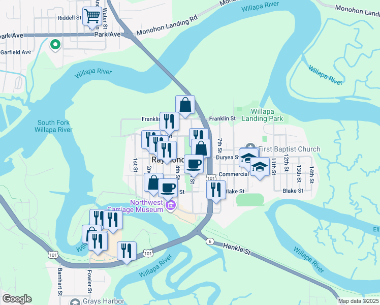 map of restaurants, bars, coffee shops, grocery stores, and more near 434 5th Street in Raymond