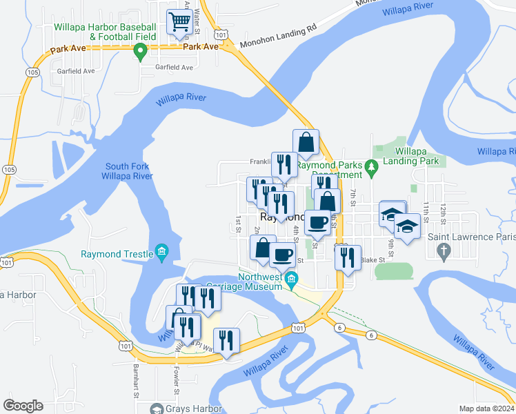 map of restaurants, bars, coffee shops, grocery stores, and more near 428 2nd Street in Raymond
