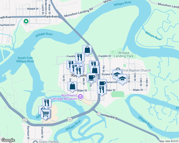 map of restaurants, bars, coffee shops, grocery stores, and more near 434 5th Street in Raymond
