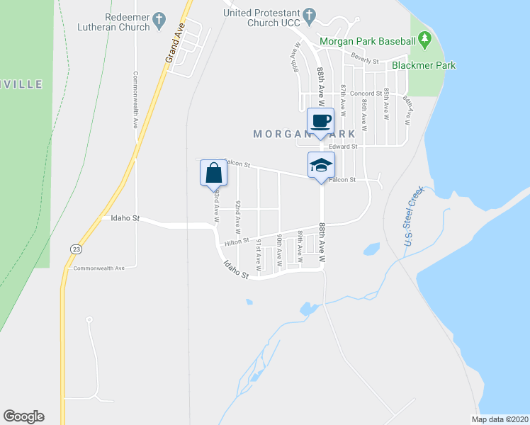 map of restaurants, bars, coffee shops, grocery stores, and more near 1318 91st Avenue West in Duluth