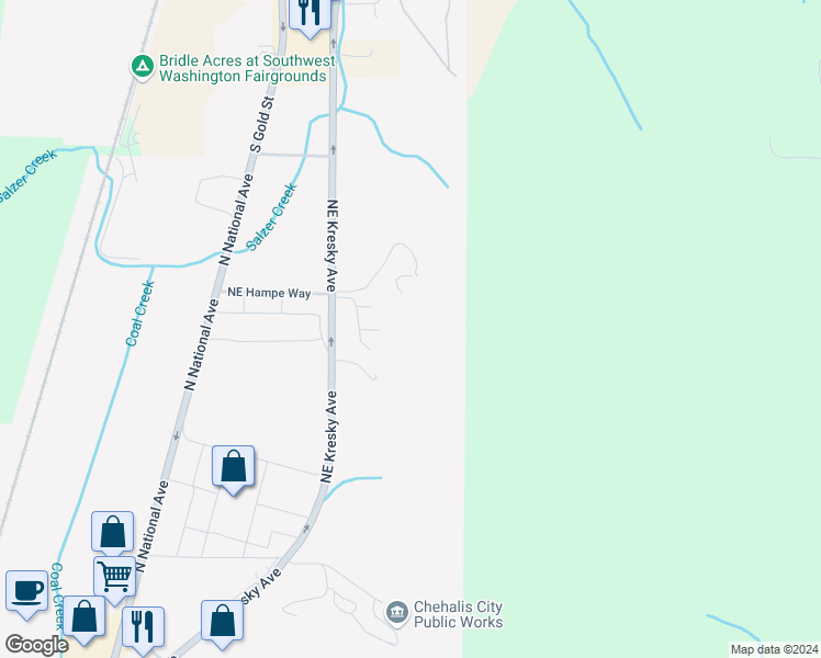 map of restaurants, bars, coffee shops, grocery stores, and more near 2391 Northeast Kresky Avenue in Chehalis
