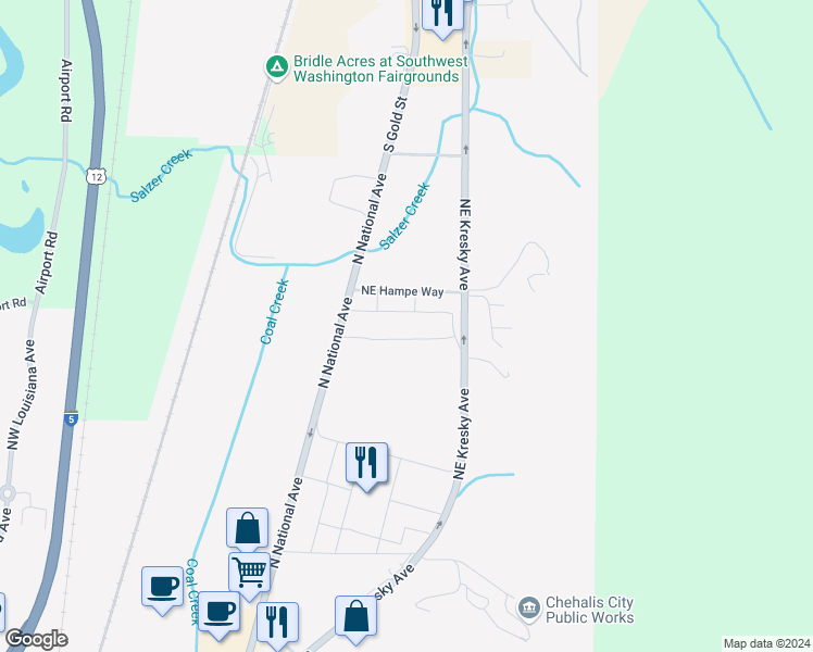 map of restaurants, bars, coffee shops, grocery stores, and more near 121 Northeast Hampe Way in Chehalis