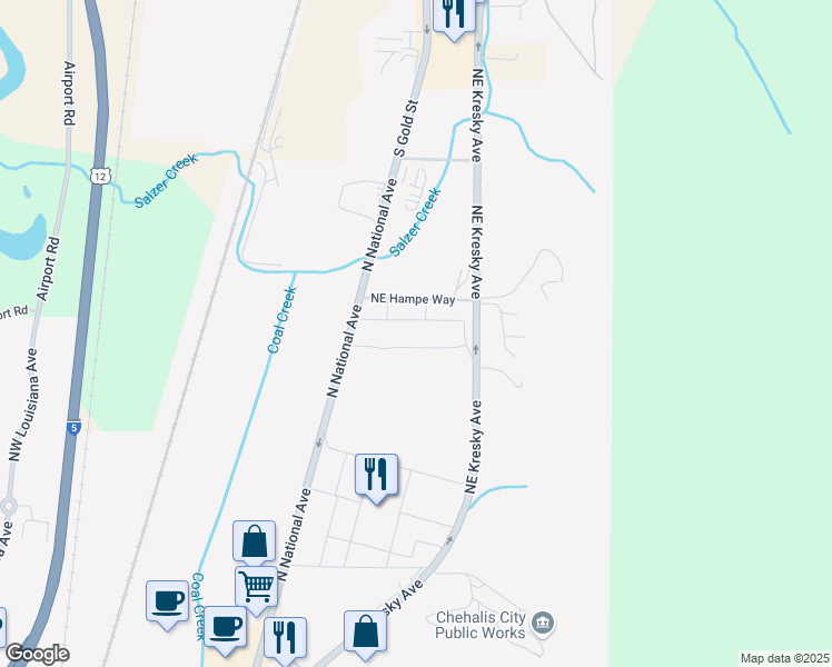 map of restaurants, bars, coffee shops, grocery stores, and more near 121 Northeast Hampe Way in Chehalis