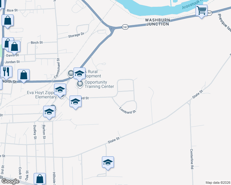 map of restaurants, bars, coffee shops, grocery stores, and more near 118 Lombard Street in Presque Isle