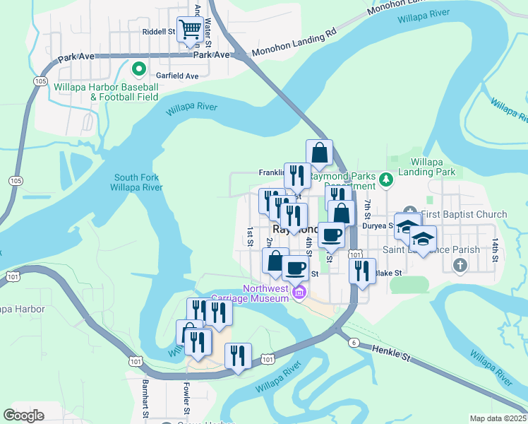 map of restaurants, bars, coffee shops, grocery stores, and more near 428 2nd Street in Raymond