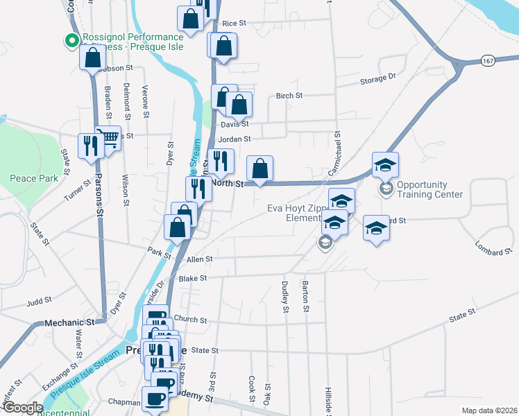 map of restaurants, bars, coffee shops, grocery stores, and more near 12 Martin Street in Presque Isle