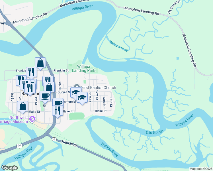 map of restaurants, bars, coffee shops, grocery stores, and more near 1304 Tower Ave in Raymond