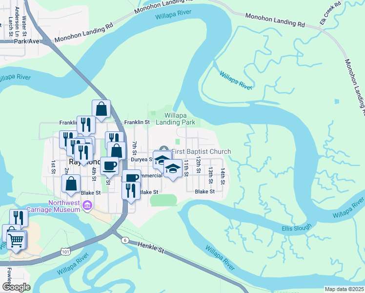 map of restaurants, bars, coffee shops, grocery stores, and more near 432 11th Street in Raymond