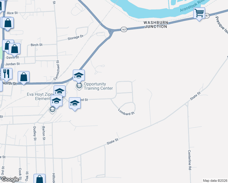 map of restaurants, bars, coffee shops, grocery stores, and more near 116 Lombard Street in Presque Isle