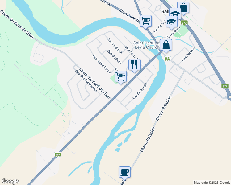 map of restaurants, bars, coffee shops, grocery stores, and more near 40 Route du Président-Kennedy in Lévis