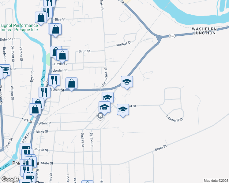 map of restaurants, bars, coffee shops, grocery stores, and more near 42 Griffin Street in Presque Isle