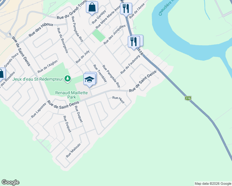 map of restaurants, bars, coffee shops, grocery stores, and more near 1228 Rue de Saint-Denis in Lévis