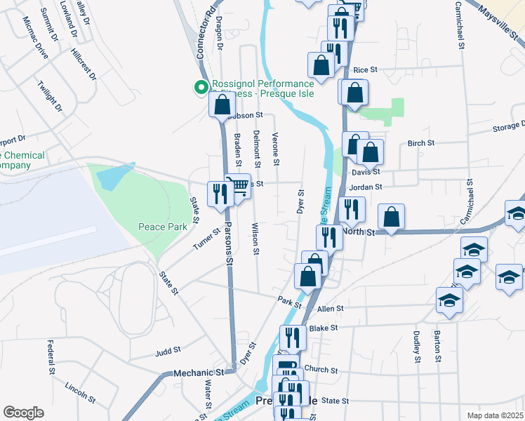 map of restaurants, bars, coffee shops, grocery stores, and more near 42 Wilson Street in Presque Isle