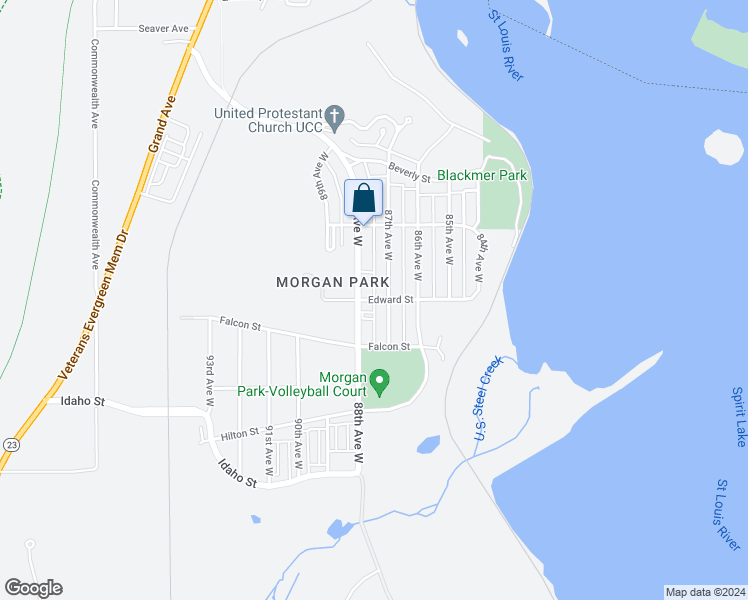 map of restaurants, bars, coffee shops, grocery stores, and more near 8700 Edward Street in Duluth