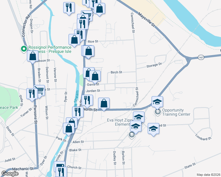 map of restaurants, bars, coffee shops, grocery stores, and more near 33 Jordan Street in Presque Isle