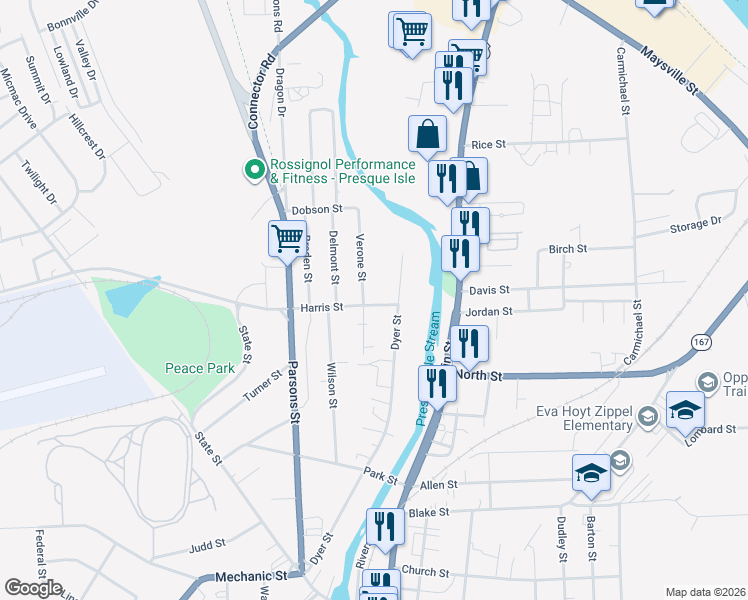 map of restaurants, bars, coffee shops, grocery stores, and more near 32 Harris Street in Presque Isle