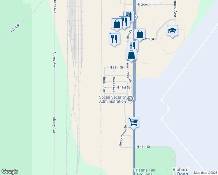 map of restaurants, bars, coffee shops, grocery stores, and more near 2000-2098 N 41st St in Superior