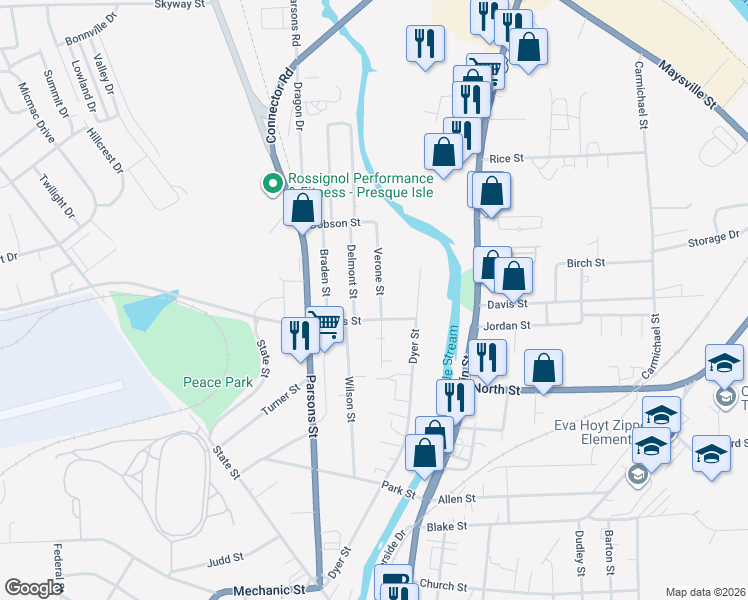 map of restaurants, bars, coffee shops, grocery stores, and more near 32 Harris Street in Presque Isle