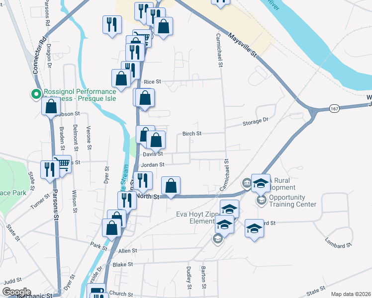 map of restaurants, bars, coffee shops, grocery stores, and more near 33 Jordan Street in Presque Isle