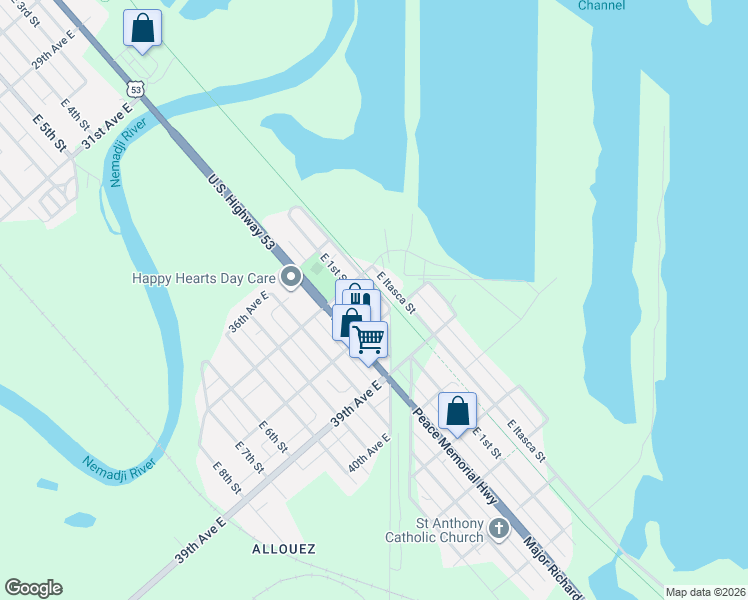 map of restaurants, bars, coffee shops, grocery stores, and more near 3715 East 1st Street in Superior