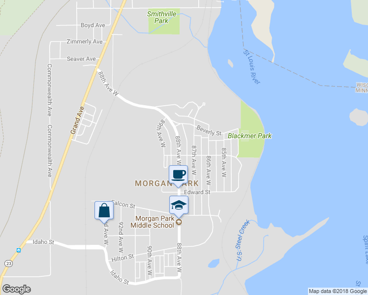 map of restaurants, bars, coffee shops, grocery stores, and more near 980 88th Avenue West in Duluth