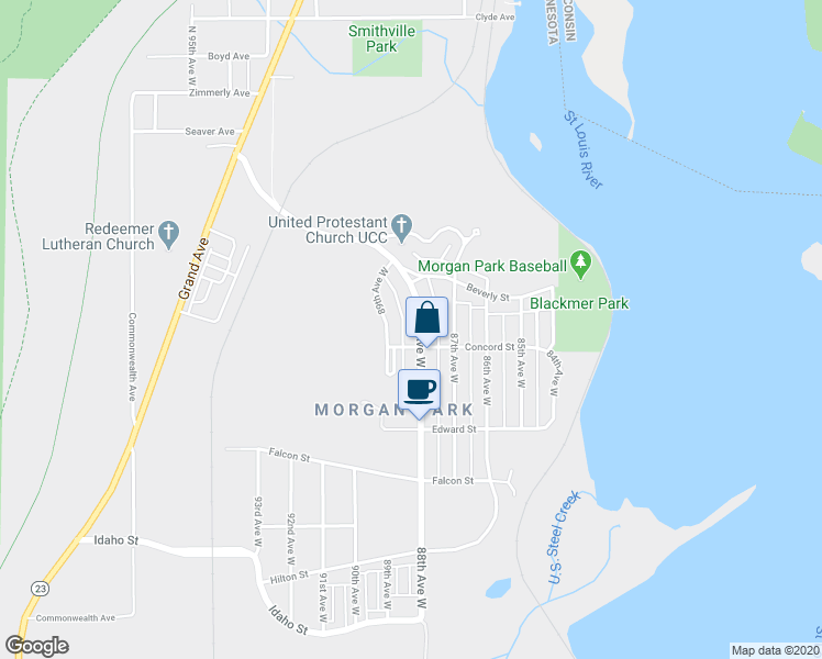 map of restaurants, bars, coffee shops, grocery stores, and more near 979 88th Avenue West in Duluth