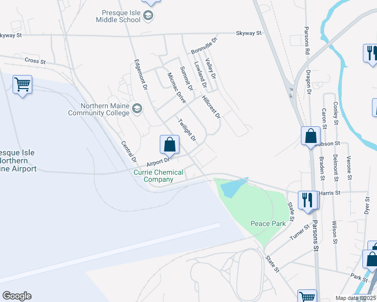 map of restaurants, bars, coffee shops, grocery stores, and more near 6 Edgemont Drive in Presque Isle