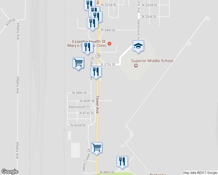 map of restaurants, bars, coffee shops, grocery stores, and more near 3806 Tower Avenue in Superior