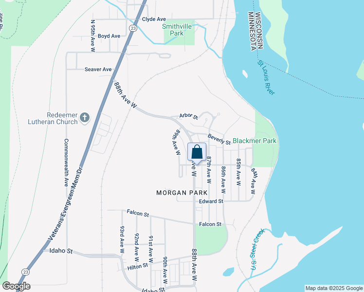 map of restaurants, bars, coffee shops, grocery stores, and more near 942 89th Avenue West in Duluth