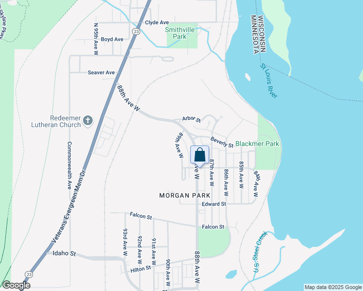 map of restaurants, bars, coffee shops, grocery stores, and more near 942 89th Avenue West in Duluth