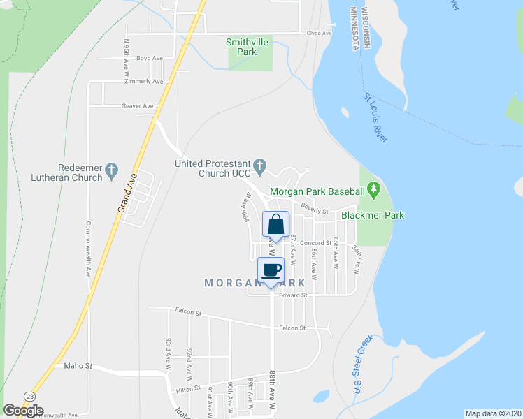 map of restaurants, bars, coffee shops, grocery stores, and more near 933 88th Avenue West in Duluth