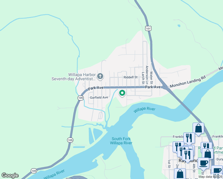 map of restaurants, bars, coffee shops, grocery stores, and more near 1504 Park Avenue in Raymond
