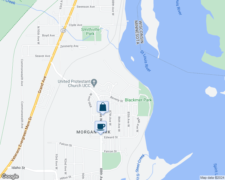 map of restaurants, bars, coffee shops, grocery stores, and more near 8716 Arbor Street in Duluth