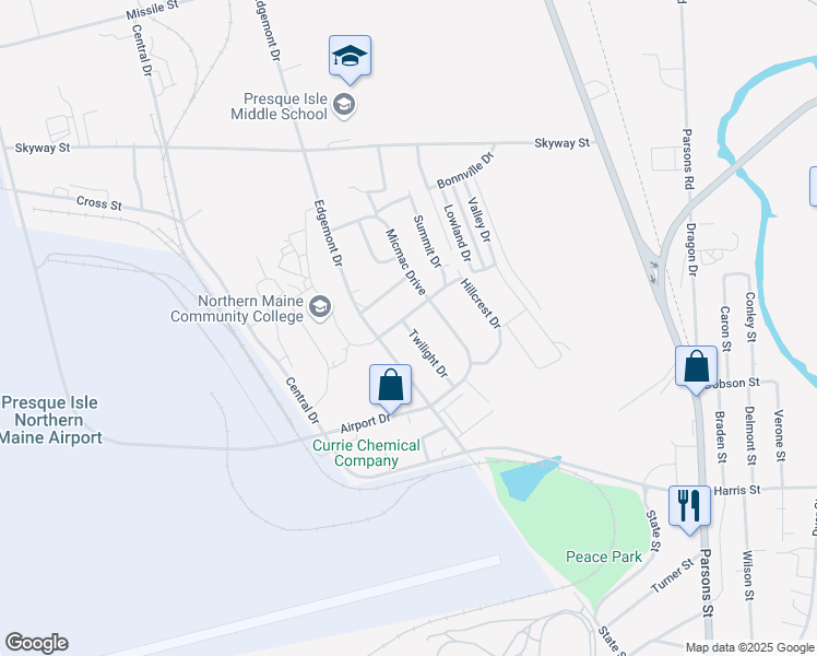 map of restaurants, bars, coffee shops, grocery stores, and more near 12 Midway Drive in Presque Isle