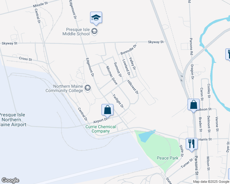 map of restaurants, bars, coffee shops, grocery stores, and more near 12 Midway Drive in Presque Isle