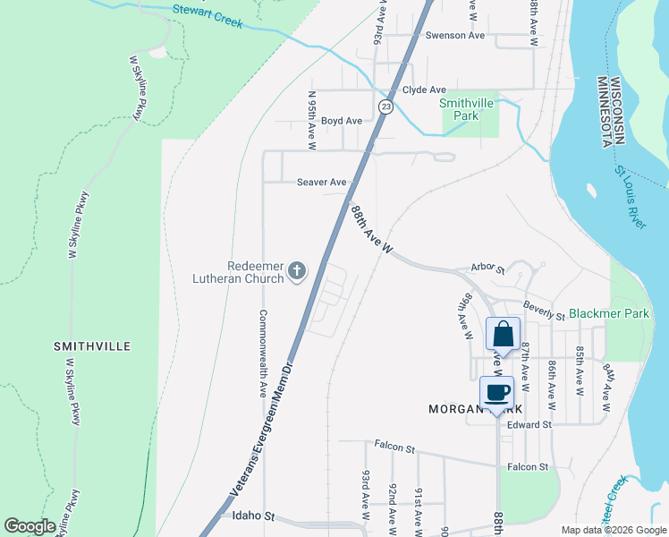 map of restaurants, bars, coffee shops, grocery stores, and more near 9426 Grand Avenue in Duluth