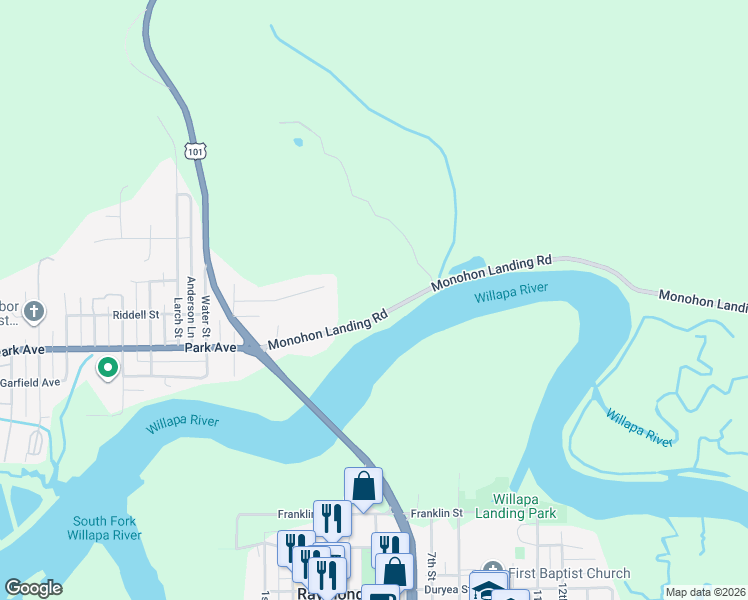 map of restaurants, bars, coffee shops, grocery stores, and more near 45 Monohon Landing Road in Raymond
