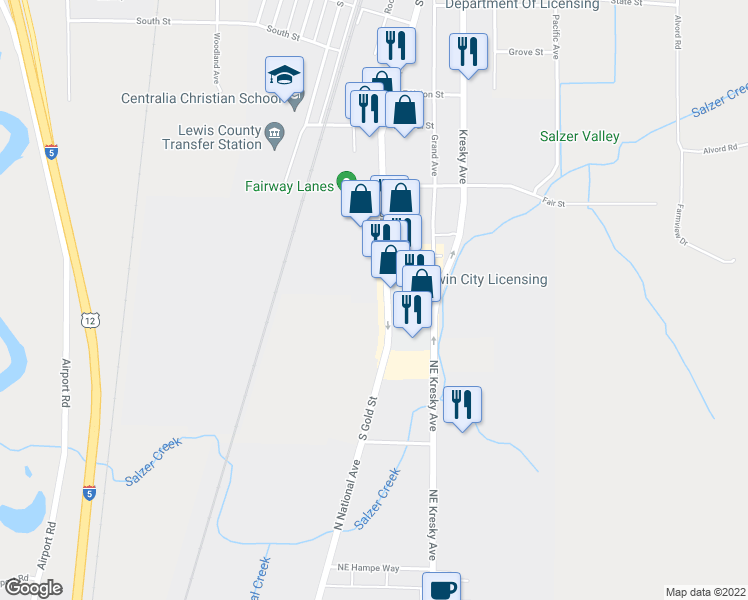 map of restaurants, bars, coffee shops, grocery stores, and more near 1641 South Gold Street in Centralia