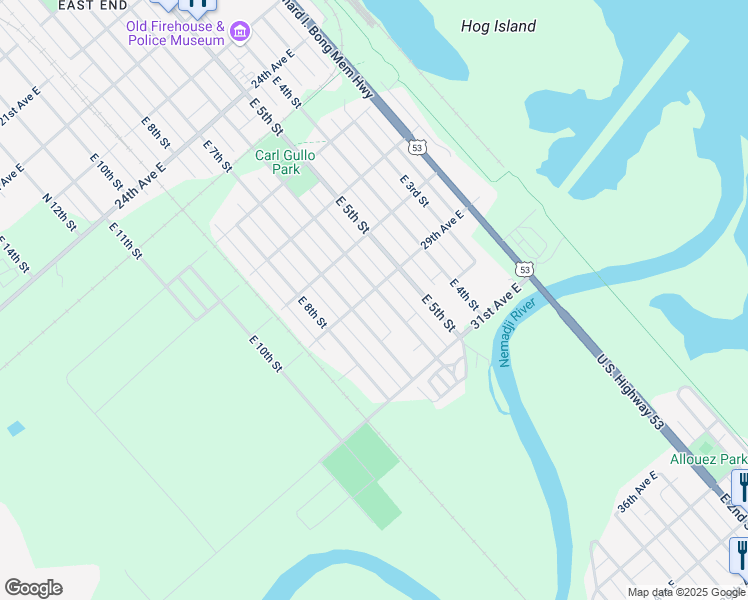 map of restaurants, bars, coffee shops, grocery stores, and more near 2916 East 6th Street in Superior