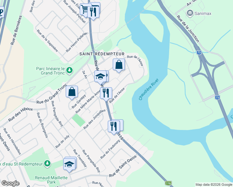 map of restaurants, bars, coffee shops, grocery stores, and more near 163 Rue de l'Anse in Lévis