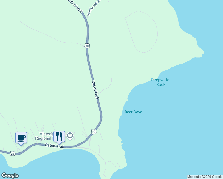 map of restaurants, bars, coffee shops, grocery stores, and more near 36 Snow Road in Ingonish