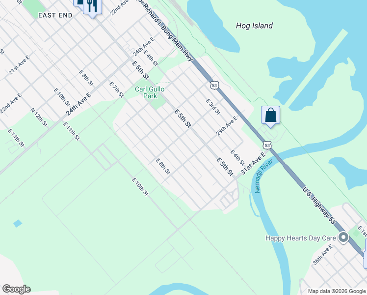 map of restaurants, bars, coffee shops, grocery stores, and more near 2803 East 6th Street in Superior