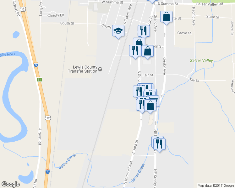 map of restaurants, bars, coffee shops, grocery stores, and more near 1505 South Gold Street in Centralia