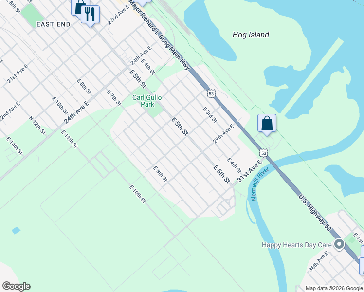 map of restaurants, bars, coffee shops, grocery stores, and more near 2803 East 6th Street in Superior