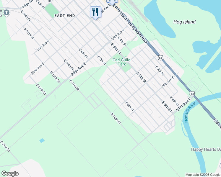 map of restaurants, bars, coffee shops, grocery stores, and more near 2622 East 8th Street in Superior