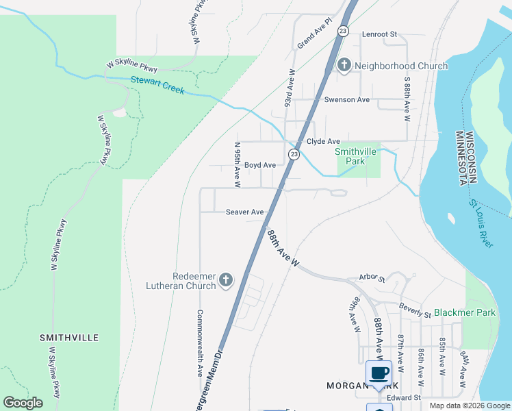 map of restaurants, bars, coffee shops, grocery stores, and more near 9401 Seaver Avenue in Duluth